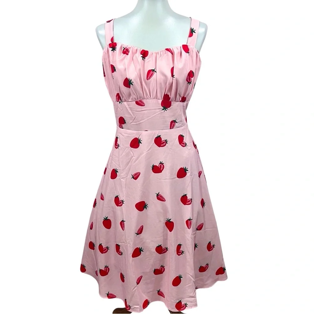 NWOT Modcloth Belle Poque Pink Strawberry Fruit Retro Pinup Flare Swing Dress 2X